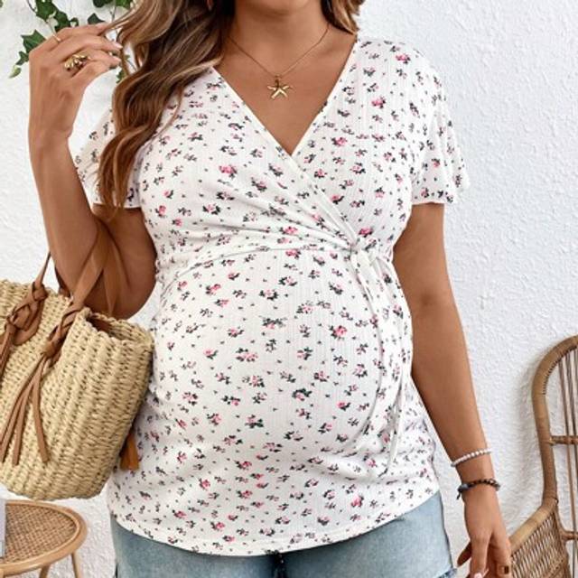 SHEIN Plus Size Women Ditsy Floral Short Sleeve Tie-Waist Nursing Maternity Top