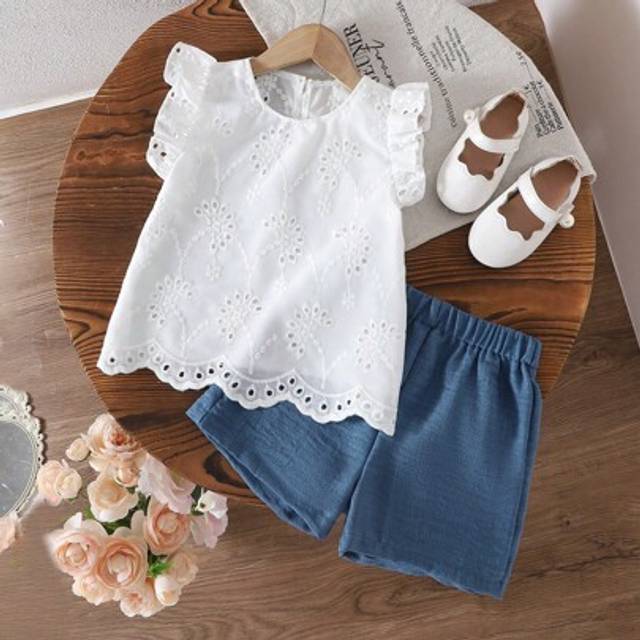 SHEIN 2pcs Girls (Toddler) Embroidered Floral Mesh Frill Sleeve Top & Blue Pants Set