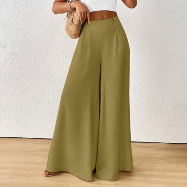 Calvaya Women&#39;s Solid Color High Waist Button Design Loose Wide Leg Pants