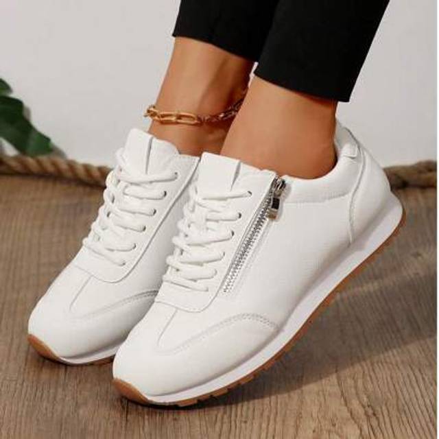 SHEIN Women&#39;s Casual Fashion Soft Comfortable Lightweight Versatile Sneakers With Metal Zipper Lace-Up, White