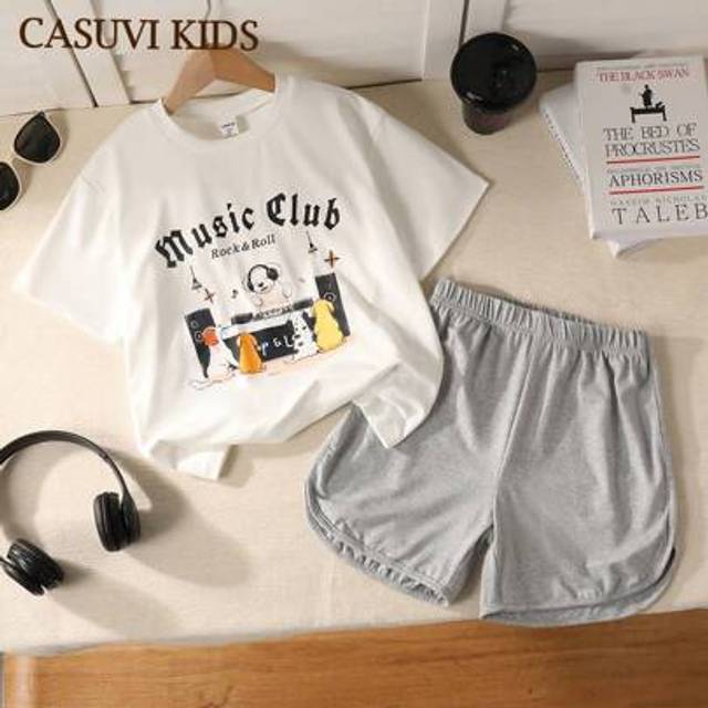 SHEIN 2pcs/Set Girls Cartoon Dog Music Festival Print Casual Loose T-Shirt And Comfortable Sports Shorts Set, Suitable For Summer Everyday Wear