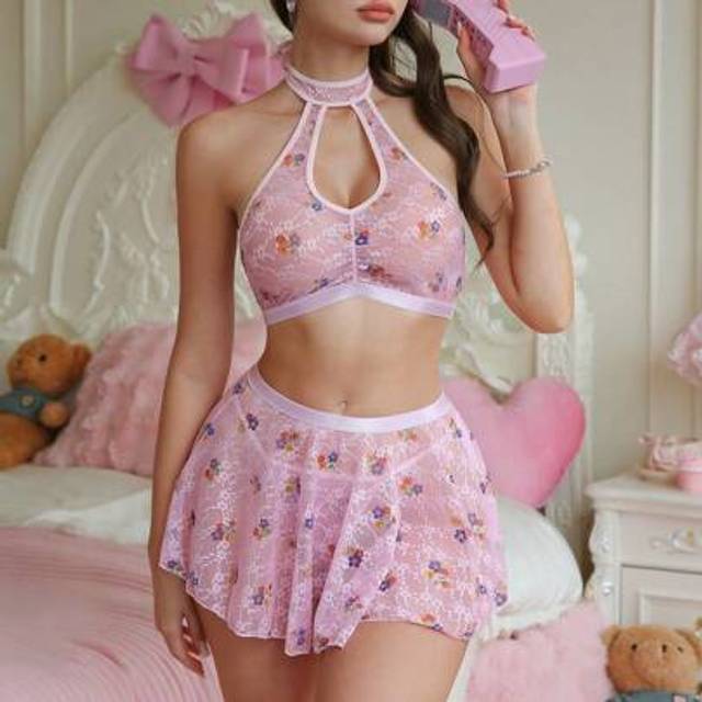 SHEIN 3pcs Sweety Alluring Peach Floral Lace Print Lingerie Set (Wireless Bralette + Thong + Waist Skirt)