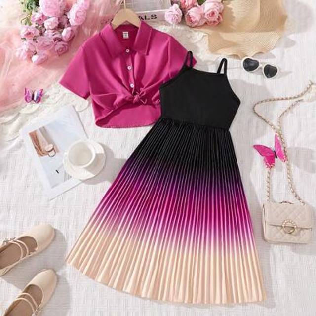 SHEIN 2pcs Tween Girl Elegant Ombre Sleeveless Dress & Casual Short Sleeve Blouse Set, Spring/Summer Vacation