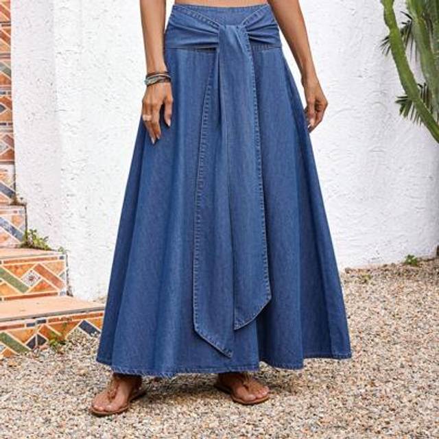 EMERY ROSE Women&#39;s Denim Skirt Casual Holiday Loose Long Skirt Blue Belt Bow Long Skirt Casual Holiday Style Spring Clothing Summer Clothing Western Wear Women F