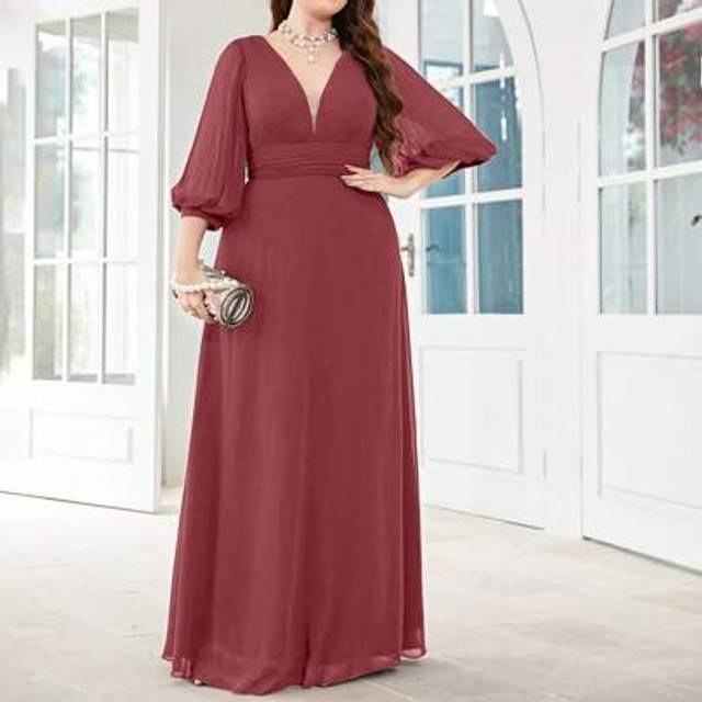 UNITHORSE Plus Plunge Neck Lantern Sleeve Chiffon Bridesmaid Dress