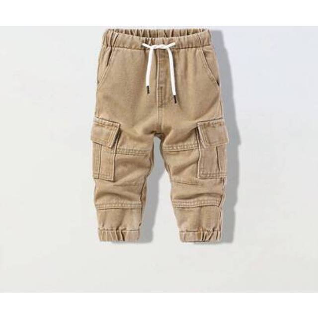SHEIN Baby Boys Vintage Casual Street Style Multi-Pocket Loose Comfortable Elastic Waist Drawstring Cuffed Washed Light Blue Denim Cargo Pants