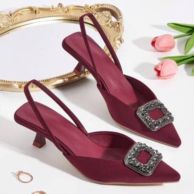 SHEIN 2024 New Spring/Summer Women Pointed Toe High Heel Sandals, Elegant Square Crystal Buckle Decor, Kitten Heel, Slingback Mule, Comfortable For Commutin