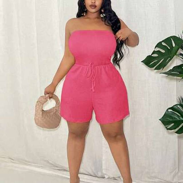 Slaydiva Plus Size Women Fitted Solid Color Knitted Vest & Shorts Jumpsuit With Decorative Drawstring, Casual Vacation Daily Wear, Spring/Summer