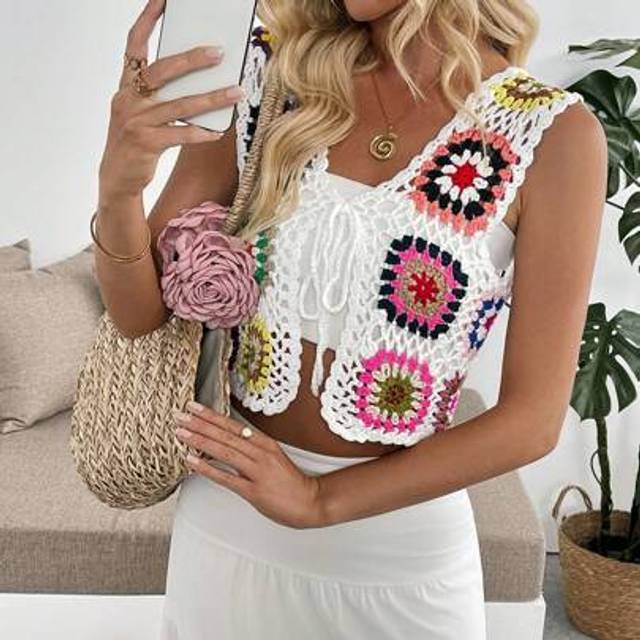 Breezaya Vintage Color Crochet Hollow Crop Top Cardigan, Spring/Summer