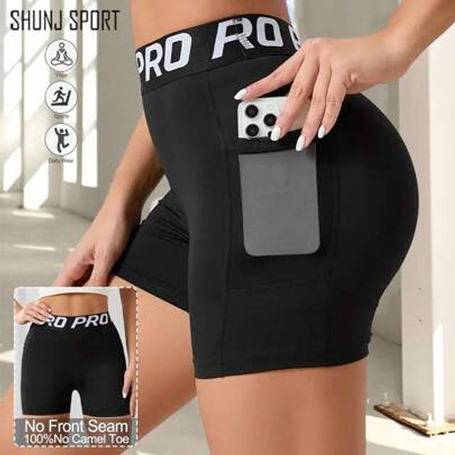 SHEIN Women&#39;s Sports Yoga Shorts, High Waist Bodycon Gym Shorts With Pockets For Fitness, Cycling, Running, Black