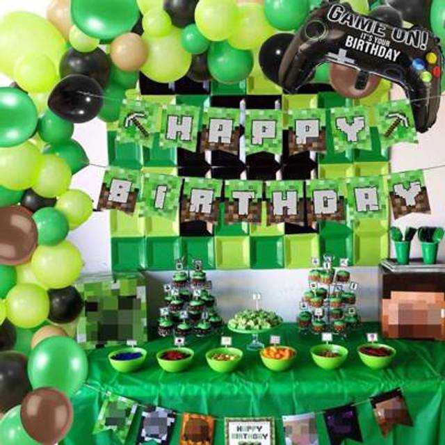 SHEIN 118pcs Miner Handmade Video Game Themed Balloon Garland Arch Set, Including Green, Black, Brown Latex Balloons And Game Controller Foil Balloons, Perf