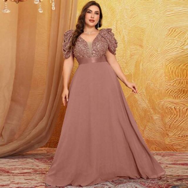 SHEIN Plus Size Women Deep V-Neck Puff Sleeve Flared Hem Tied Waist Sequin Panel Elegant High-End Formal Dress, Party Dress, Wedding Guest Dress, Prom Dress