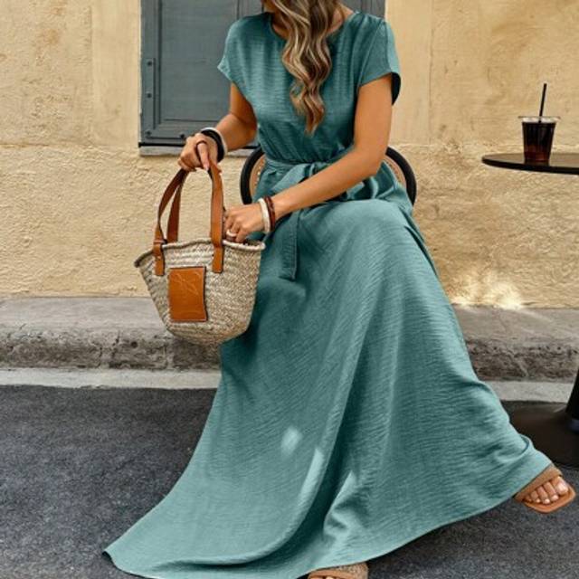 SHEIN Women&#39;s A-Line Ruched Linen Texture Long Dress