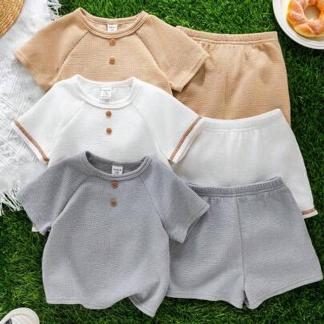 SHEIN 6pcs Baby Boy Cute Summer Casual Holiday Knitted Short Sleeve Top And Elastic Waist Shorts Basic Outfit Set, Kindergarten