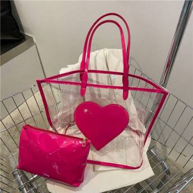 SHEIN 2pcs Set Heart Decor Transparent Large Capacity Beach Bag, Shiny Jelly Bag, Waterproof Swim & Toiletry Handbag, Suitable For Casual, Travel, Vacation