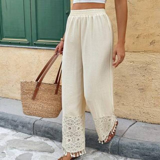 SHEIN Women&#39;s Vacation Lace Elastic Waist Loose Casual Palazzo Pants Casual Vacation Beige See-Through Palazzo Pants Daily Wear Beachs For Woman Summer Clot