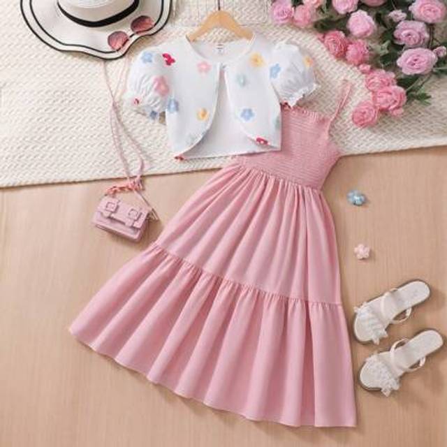 SHEIN 2pcs/Set Teen Girls Elegant Floral Print Knitted Short Cardigan & Slip Dress Set, Summer