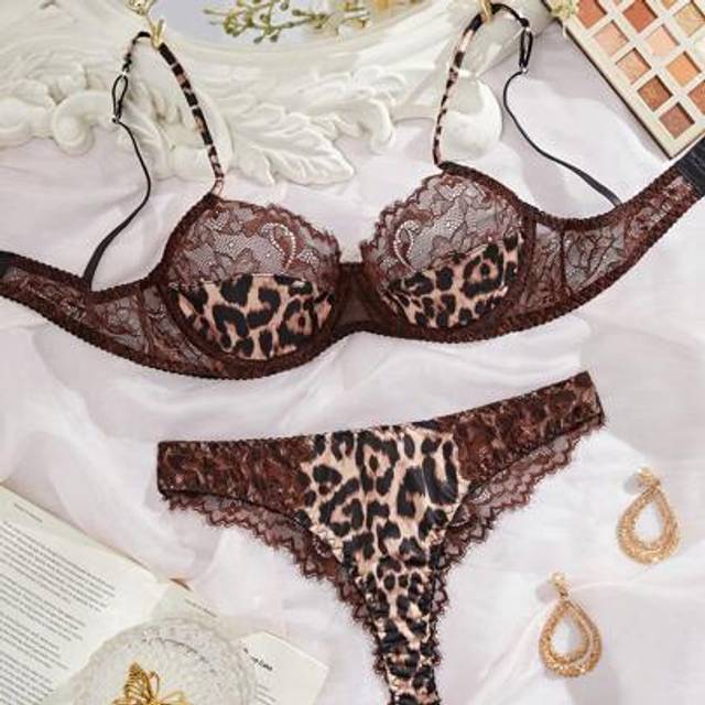 SHEIN Brown Sexy Lace Splice Leopard Print Women Lingerie Set