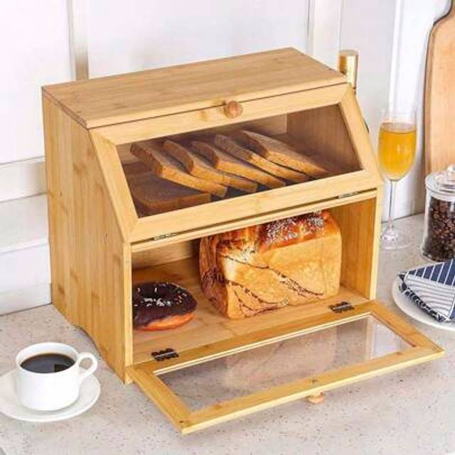 SHEIN Double-Layer Large Bread Bin Bamboo Bread Bins Kitchen Food Storage