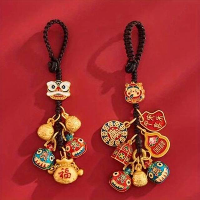 SHEIN Authentic Gold Feng Shui Fortune Keychain With Pixiu And God Of Wealth Pendant, Suitable For Car Keys, Bag Accessories, Mobile Phone Chains - Ancient