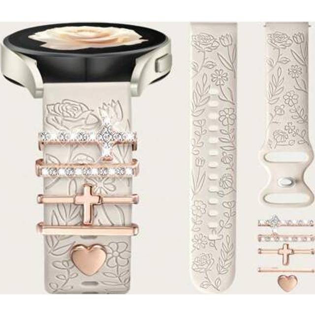 SHEIN 6 In 1 Floral Engraved Band + Decorative Rings Loops Compatible With Samsung Galaxy Watch 7 Band/FE 6 5 4 40mm 44mm,Galaxy Active 2, 20mm Watch Band S