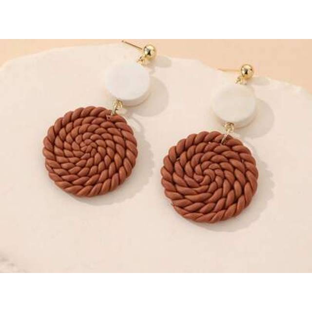 SHEIN 1 Pair Handmade Minimalist Soft Clay Woven White Round Wood Earrings, Original Vacation Style For Women, Suitable For Holiday, Outings, Gatherings, Al