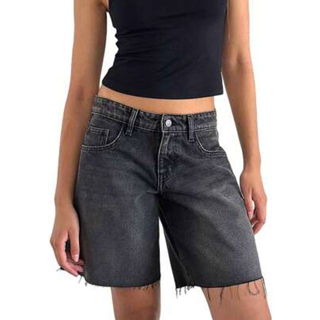 SHEIN Women&#39;s Summer Knee Length Denim Shorts Loose Solid Color Wide Leg Raw Hem Vintage Bermuda Shorts With Pockets Streetwear