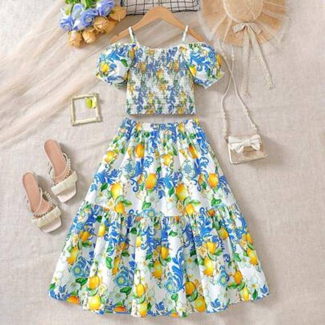 SHEIN 2pcs/Set Girls Lemon Fruit Pattern Halter Top And Long Skirt Co-Ord Set, Summer