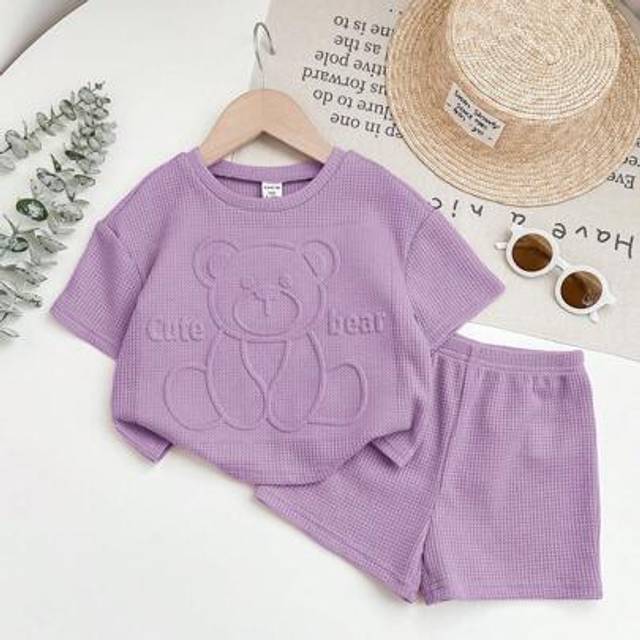 SHEIN Babygirl Cute Casual Pink 3D Cartoon Pattern Embossed Short Sleeve Top And Elastic Waist Shorts Set