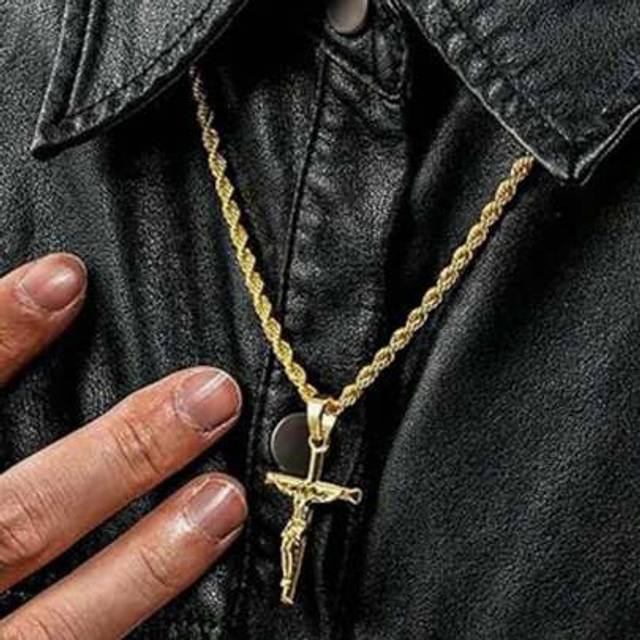 SHEIN 18K Gold Plated Cross Necklace, With 3mm 22inch Rope Chain, Unisex Pendant For Valentine&#39;s Day Gift, Party And Daily Wear
