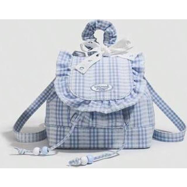 SHEIN Blue Lace Plaid School Backpack For Female College Student, Sweet Ruffle Trim Bookbag For High School Girl, Suitable For Young Ladies Going Out And Co