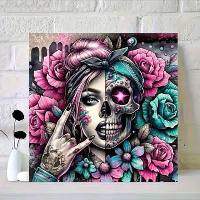 SHEIN Adult Diamond Art Kits - Skull Girl, Full Round Diamond, No Frame 12&#34;X12&#34; Canvas - Suitable For Home Decor, Bedroom, Living Room, Study And Bathroom W