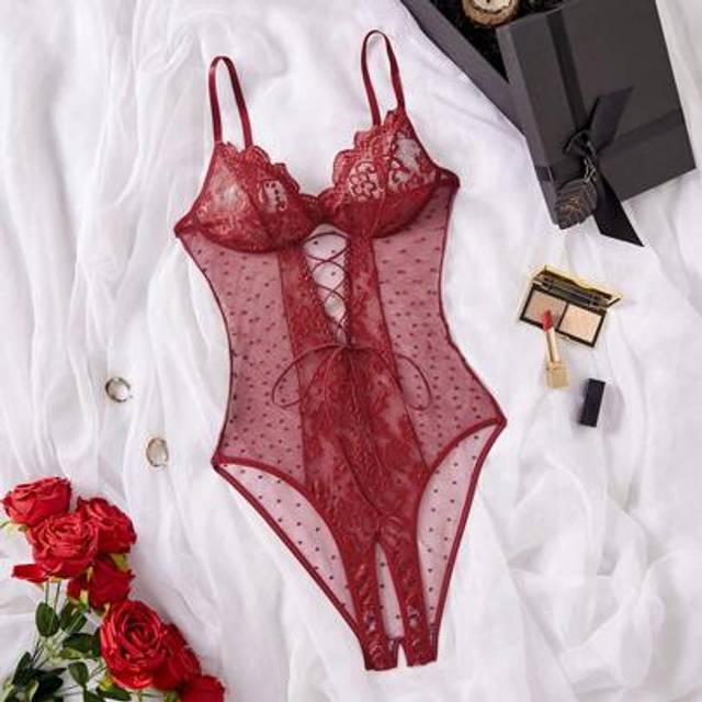 SHEIN Contrast Lace Mesh Women&#39;s Sexy Bodysuit Lingerie, 1pc