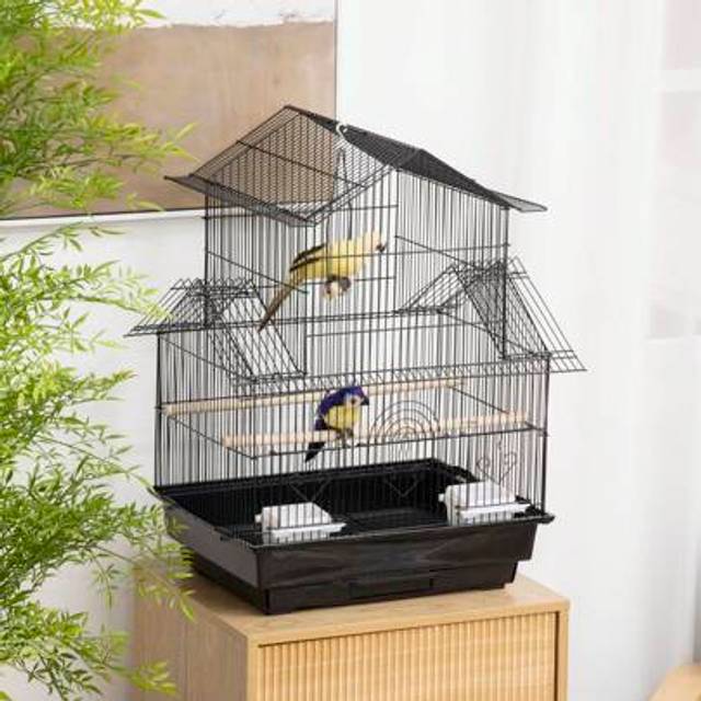 SHEIN PawHut Metal Bird Cage With Plastic Perch Food Container Tray Handle Pet Supply Small For Finch Canary Budgie 51 X 40 X 67cm Black