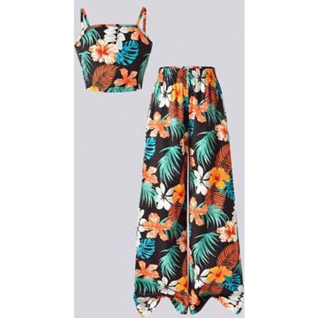 SHEIN 2pcs Tween Girls Tropical Floral & Leaf Print Camisole Top And Long Pants Beach/Resort Set, Spring/Summer Outfits For Summer Set Outfit For Girl Outfi