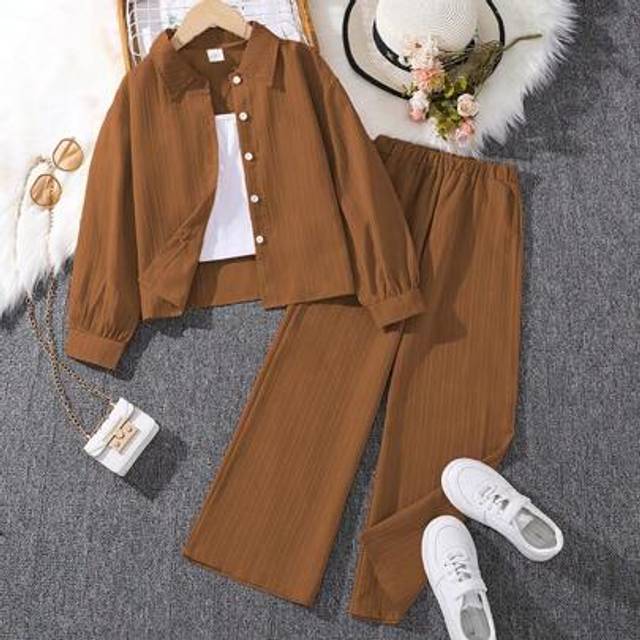 Left Mama 2 Pieces Girl&#39;s (Plus Size) Set - Long Sleeve Collared Shirt Top & Pants, New Style For Autumn