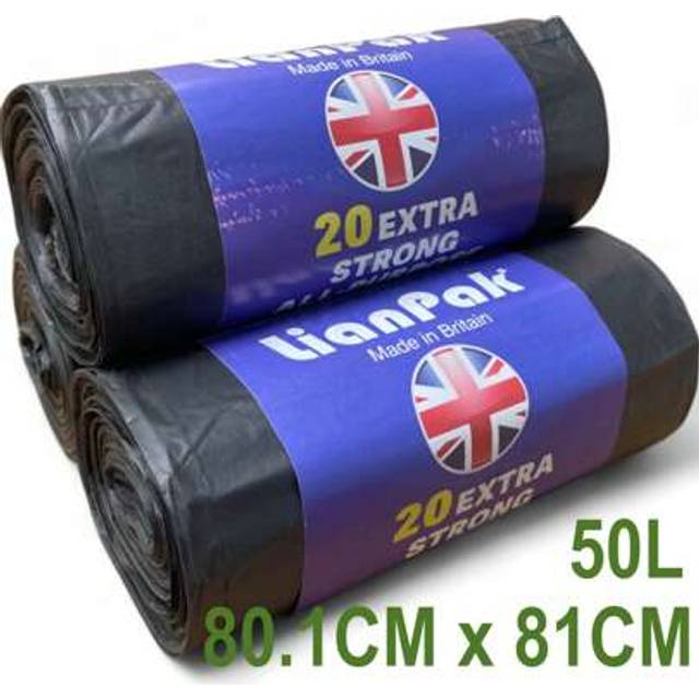 SHEIN Lianpak 50 Bags 50L Heavy Duty Extra Strong Bin Liners, FLAT-Top Large Refuse Sacks, 30 Microns, Tear Resistant, 2 Rolls, Kitchen, Household, Commerci