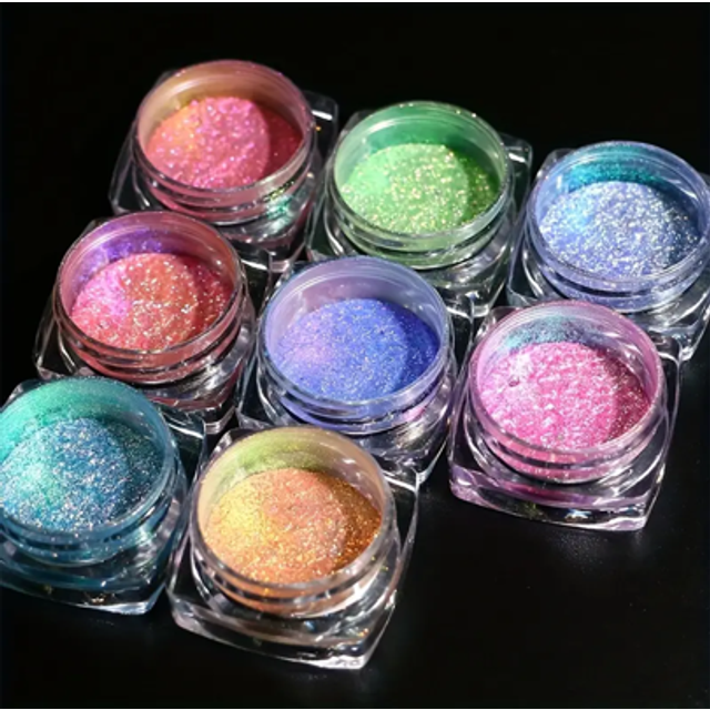 SHEIN 8-Colors Holographic Chrome Nail Powder Set, Pearl Pigment For Salon-Grade Manicure And Nail Art Decoration, 1g Per Bottle