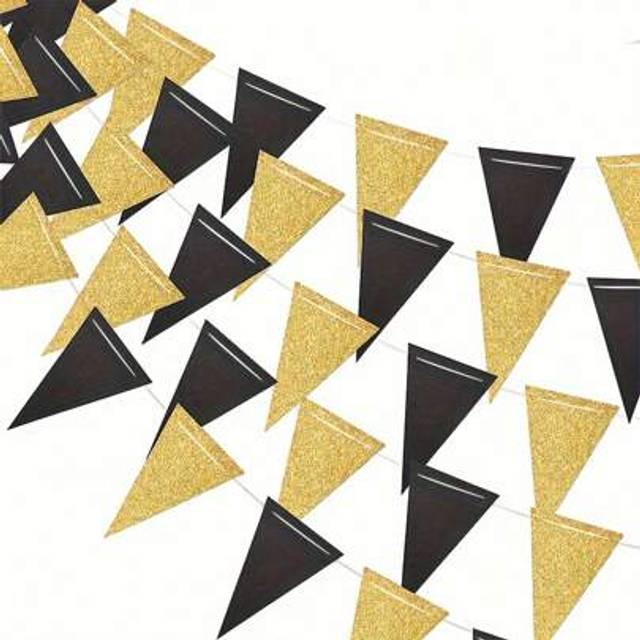 SHEIN 1/2/3set Black And Gold Party Decorations Triangle Pennant Banner Flag Metallic Fabric Bunting Garland For Birthday Graduation Anniversary ,Add A Touc