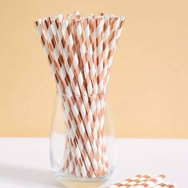 SHEIN 10/25/50/100 Pcs White Base Rose Gold Striped Paper Straws, Disposable Tableware Straws Suitable For Birthday, Party, Home, Bar, Drink Shop, Picnic, P