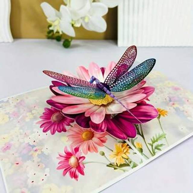 SHEIN UNIPOP Dragonfly & Cosmos Flower Pop Up Card, Birthday Card For Women, Mother&#39;s Day Card, Pop Up Anniversary Card, Valentines Day Card, Dragonfly Card