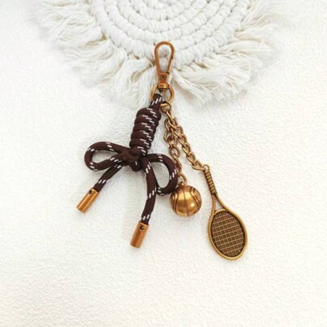 SHEIN 1pc Vintage Gold Tennis Racket Shape Woven Keychain Pendant For Women Handbag Accessories DIY Decor Bows