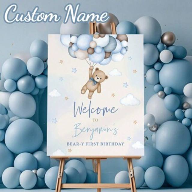 SHEIN 1pc- Custom Name Frameless Poster - Blue Bear Birthday Welcome Poster, Blue Party Decoration, Birthday Welcome Sign Print Canvas Poster, Personalized