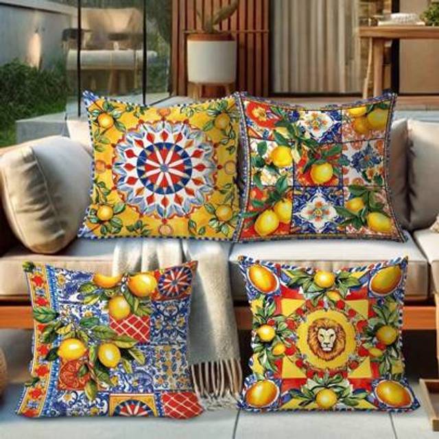 SHEIN 4pcs Lemon-Themed Outdoor Throw Pillow Covers - Vibrant Baroque Style, One-Sided Print With Green, Yellow, Blue & Orange Patterns, Zippered Polyester