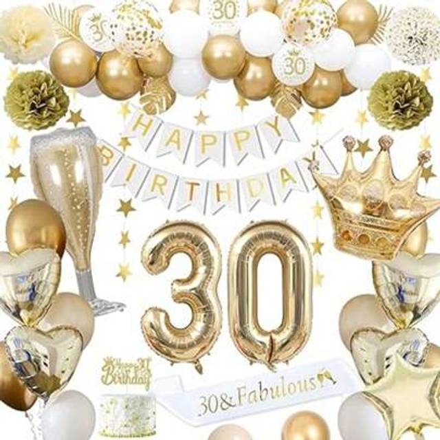 SHEIN 30th Birthday Decorations, Gold 30th Birthday Decorations For Men Women Gold White Balloons HAPPY BIRTHDAY Banner Number 30 Balloons Crown Star Heart