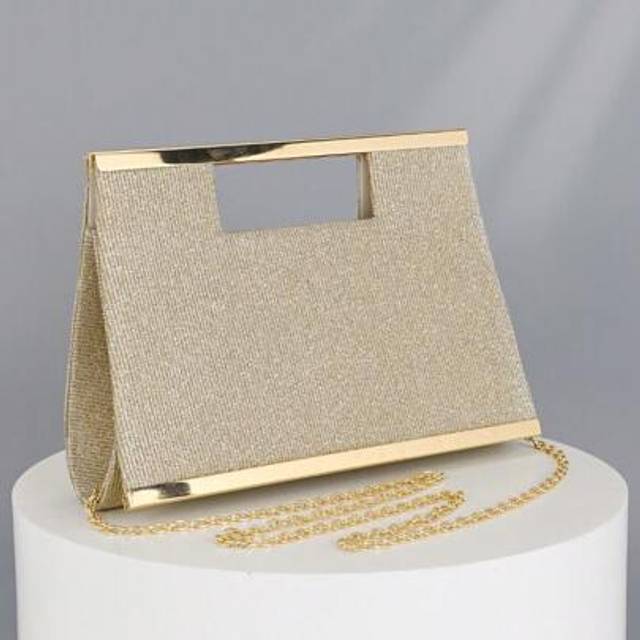 SHEIN OpulAura Fashionable Metallic Clasp Evening Clutch, Sparkling Gold Metallic Bar Design, Luxury & Elegant Formal Handbag For Gala, Party, Wedding, Incl