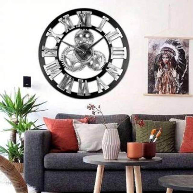 SHEIN Wall Clock Big Roman Numerals Hanging Clock 60cm/24 Inch Giant Open Face Indoor Wall Clock Wood 3D Gear Clock Vintage Industrial Wall Clock For Home O