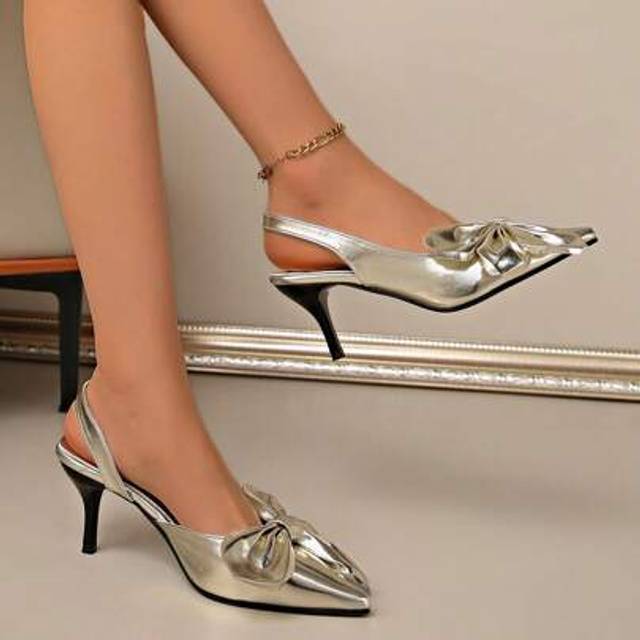 SHEIN Silver-Champagne French Style Stiletto High Heel Closed Toe Sandals, New Spring Elegant Pointed Toe Slingback Wedge Shoes