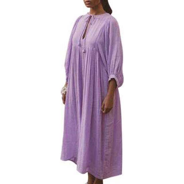 SHEIN Women&#39;s Summer Loose Dress Solid Color 3/4 Sleeves Round-Neck Tie Front Long Dress Streetwear