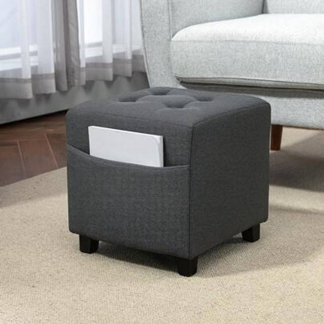 SHEIN HOMCOM Square Footstool, Small Ottoman With Side Pocket, Linen Fabric Footrest Foot Stool With Rubber Wood Legs And Padded Seat For Living Room, Bedro